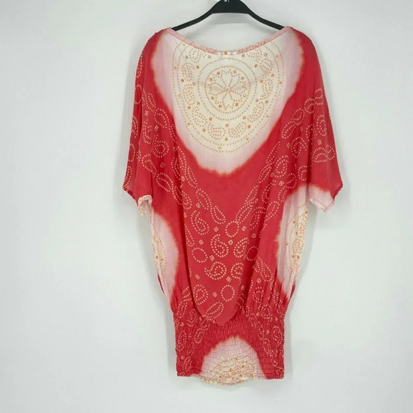 CoolChange Blouse Womens Sz SM Red Cream Paisley Dolman Sleeve Elastic Hem Tunic - Picture 2 of 8